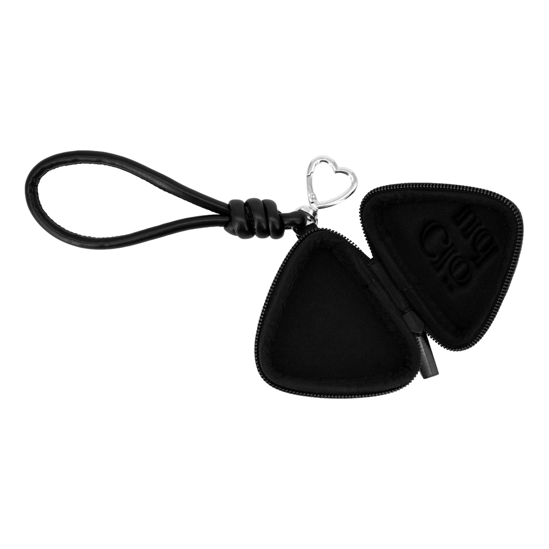 Clöud Café black heart-shaped zip pouch open showing interior, with embossed logo lid, braided wrist strap, and silver heart carabiner – open flat lay view