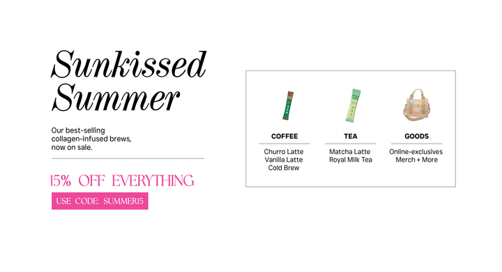 Promotional banner for 'Sunkissed Summer' with coffee, tea, and product images on a white background. Use code SUMMER15 for 15% off everything.