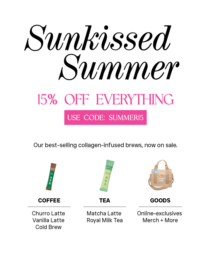 Promotional banner for 'Sunkissed Summer' with coffee, tea, and product images on a white background. Use code SUMMER15 for 15% off everything.