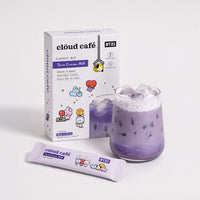 Clöud Café x BT21 Classic Mix Taro Cream Milk instant sachet box with purple iced taro milk drink with frothy top in clear glass, caffeine-free gluten-free smooth and sweet Korean instant blend enjoy hot or cold, 7 sachets. Made in Korea.