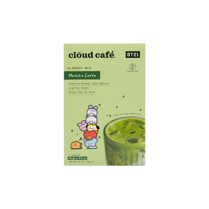 clöud café matcha latte mix packaging with BT21 characters on a light green box. Classic Mix. Does not include collagen or added wellness ingredients. 
