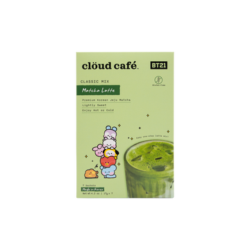 clöud café matcha latte mix packaging with BT21 characters on a light green box. Classic Mix. Does not include collagen or added wellness ingredients. 