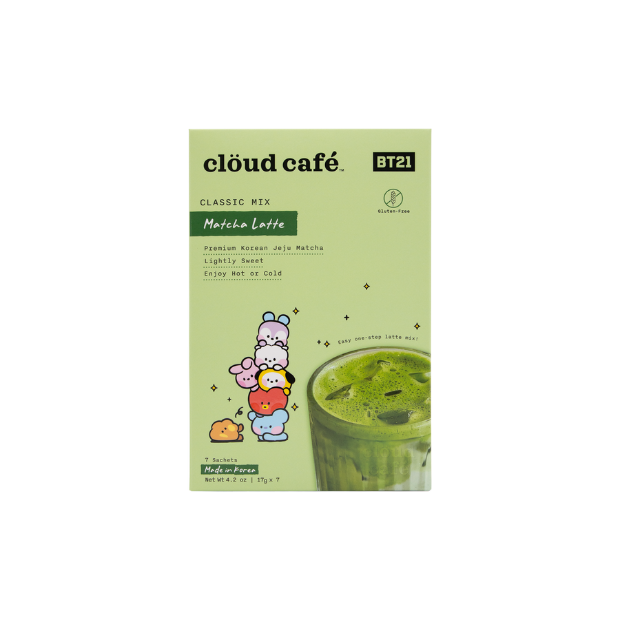 clöud café matcha latte mix packaging with BT21 characters on a light green box. Classic Mix. Does not include collagen or added wellness ingredients. 