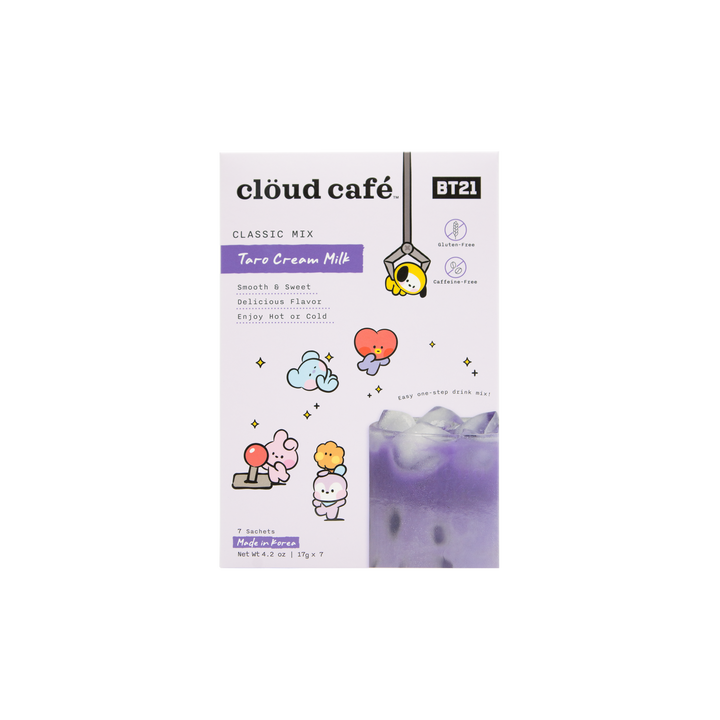 Clöud Café Taro Cream Milk box packaging with BT21 branding on a light purple background.

