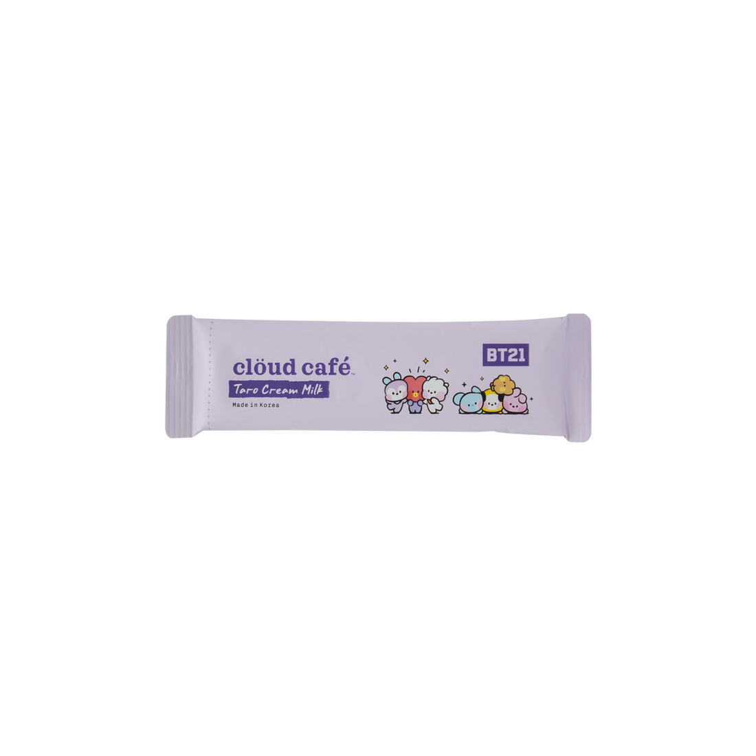 Clöud Café Taro Cream Milk Sachet with BT21 branding on a light purple background

