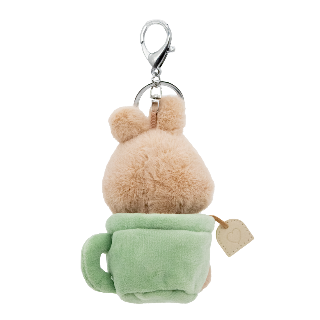 Brown plush bunny in green tea cup keychain.