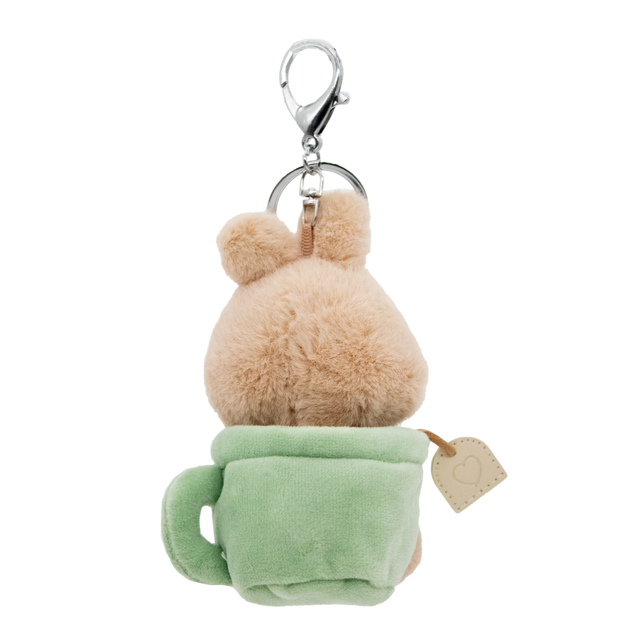 Brown plush bunny in green tea cup keychain.