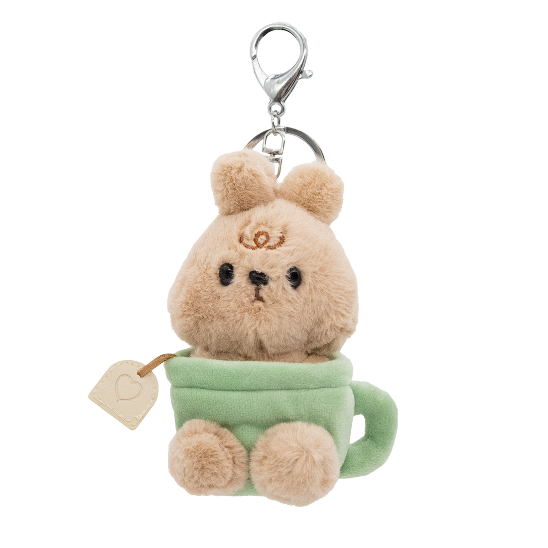 Brown plush bunny in green tea cup keychain.