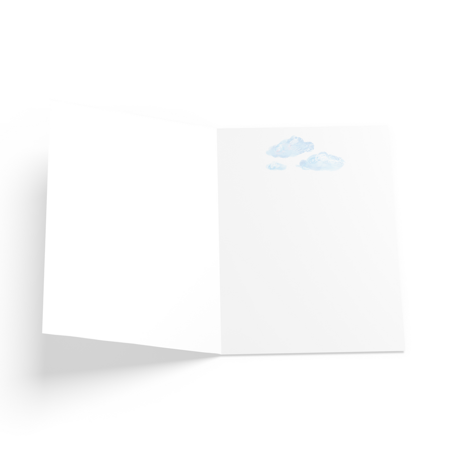 Inside of card has blue clouds at the top of the greeting card.