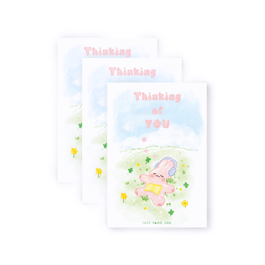 Trio Pack. Pink doodle bunny laying on green pastel field. Pink cloud-like "Thinking of YOU" letters in the blue sky. 