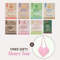 Cloud Cafe complete collection featuring Churro Latte, Royal Milk Tea, Matcha Latte, Vanilla Latte, Hot Choco Zero, Strawberry Milk Zero, Strawberry Matcha Latte, and Cold Brew with Pink Heart-Shaped Tote.