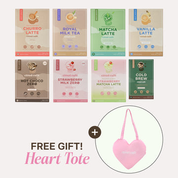 Cloud Cafe complete collection featuring Churro Latte, Royal Milk Tea, Matcha Latte, Vanilla Latte, Hot Choco Zero, Strawberry Milk Zero, Strawberry Matcha Latte, and Cold Brew with Pink Heart-Shaped Tote.