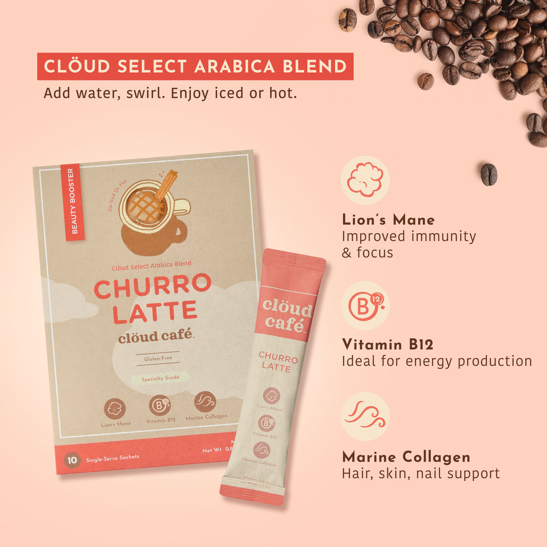 Clöud Select Arabica Blend Infographic with Box and Sachet next to coffee beans.