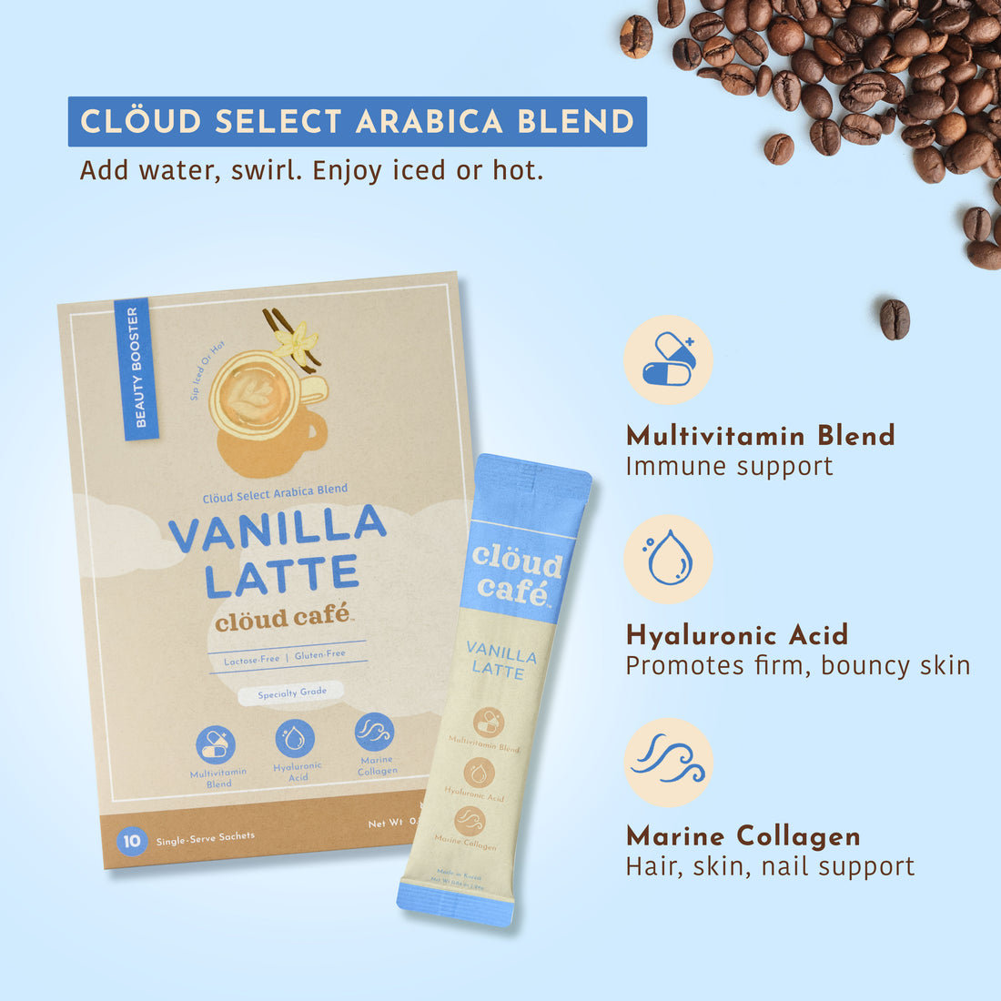 Clöud Select Arabica Blend Vanilla Latte box and sachet next to coffee beans.