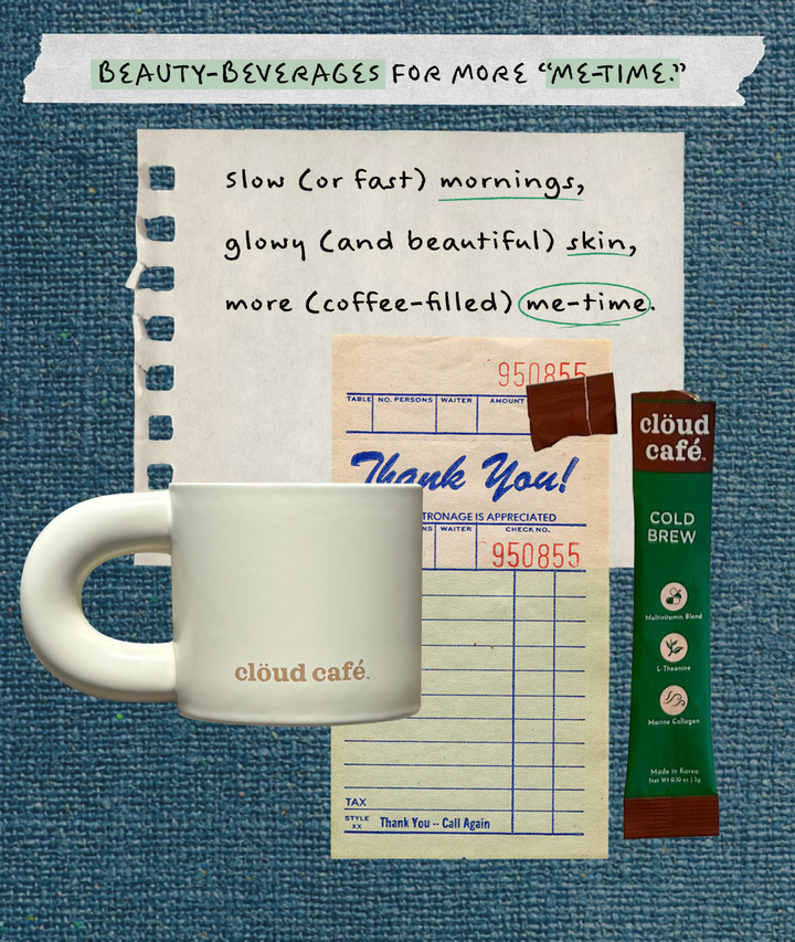 White mug with 'cloud café' branding, cold brew coffee package, and receipt on a textured blue background.