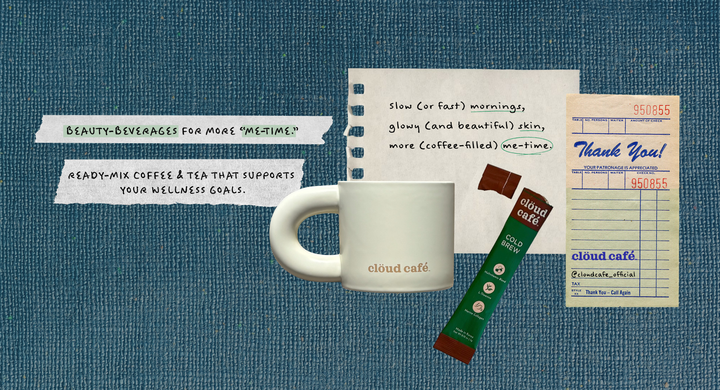 White mug, coffee stick, and branded paper on a textured blue background