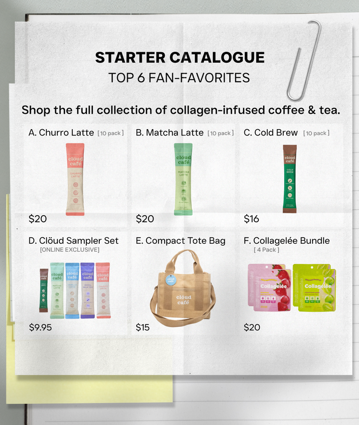 STARTER CATALOGUE: TOP 6 FAN FAVORITES. Featuring Churro Latte, Matcha Latte, Cold Brew, Sampler Set, Tote Bag, and Collagelée 4 pack bundle.