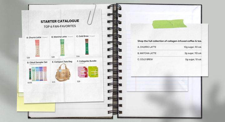 STARTER CATALOGUE: TOP 6 FAN FAVORITES. Featuring Churro Latte, Matcha Latte, Cold Brew, Sampler Set, Tote Bag, and Collagelée 4 pack bundle.