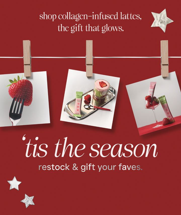 Holiday banner featuring Cloud Café strawberry collagen latte mixes, giftable collagen drinks, and festive strawberry-themed product photos on a red background