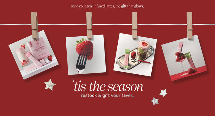 Holiday banner featuring Cloud Café strawberry collagen latte mixes, giftable collagen drinks, and festive strawberry-themed product photos on a red background