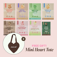 Cloud Café assorted drink mix bundles including Churro Latte, Royal Milk Tea, Matcha Latte, Vanilla Latte, Hot Choco Zero, Strawberry Milk Zero, Strawberry Matcha Latte, and Cold Brew, displayed with a free brown mini heart-shaped Cloud Café tote bag.
