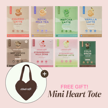 Cloud Café assorted drink mix bundles including Churro Latte, Royal Milk Tea, Matcha Latte, Vanilla Latte, Hot Choco Zero, Strawberry Milk Zero, Strawberry Matcha Latte, and Cold Brew, displayed with a free brown mini heart-shaped Cloud Café tote bag.