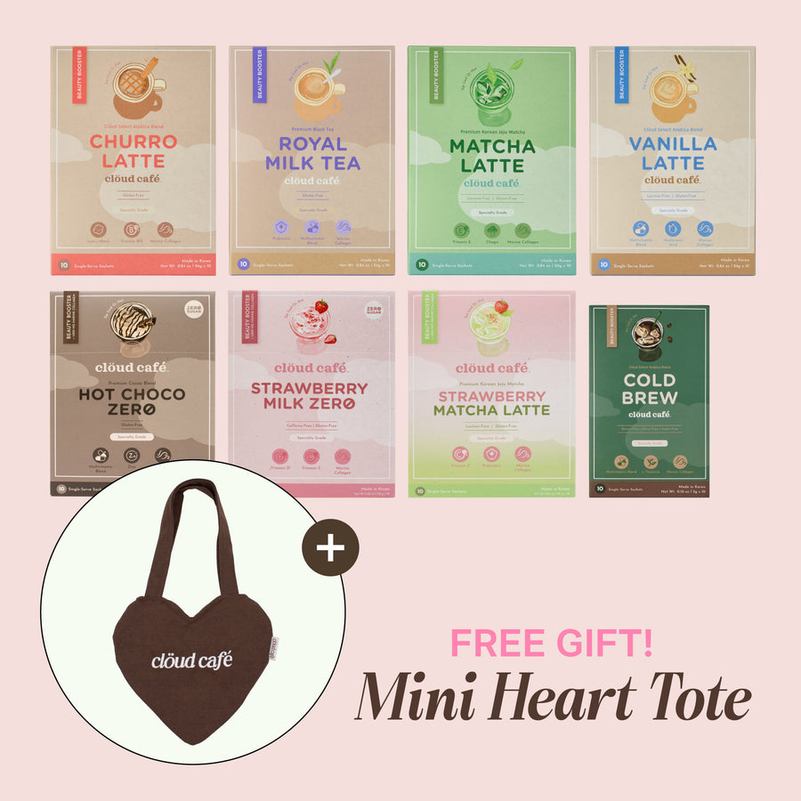 Cloud Café assorted drink mix bundles including Churro Latte, Royal Milk Tea, Matcha Latte, Vanilla Latte, Hot Choco Zero, Strawberry Milk Zero, Strawberry Matcha Latte, and Cold Brew, displayed with a free brown mini heart-shaped Cloud Café tote bag.