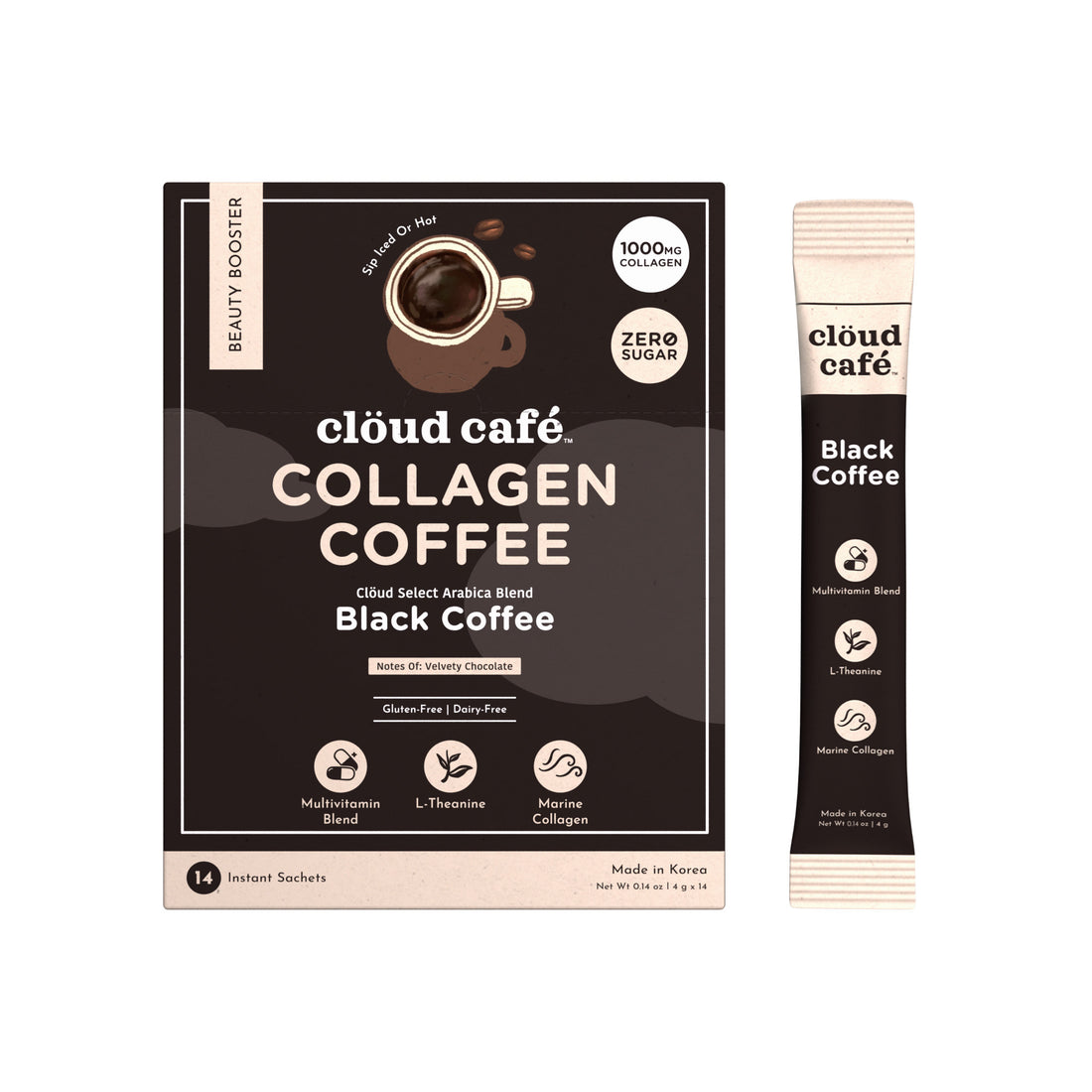 clöud café black coffee packaging + sachet behind a white background