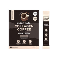 clöud café black coffee packaging + sachet behind a white background