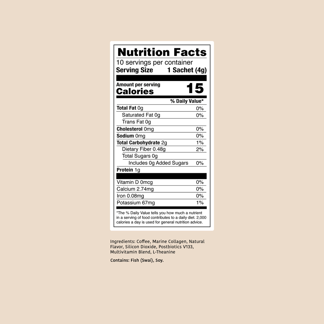 Clöud Café Black Coffee Nutrition Facts, 10-count sachets, 15 calories, formulated with Marine Collagen and L-Theanine