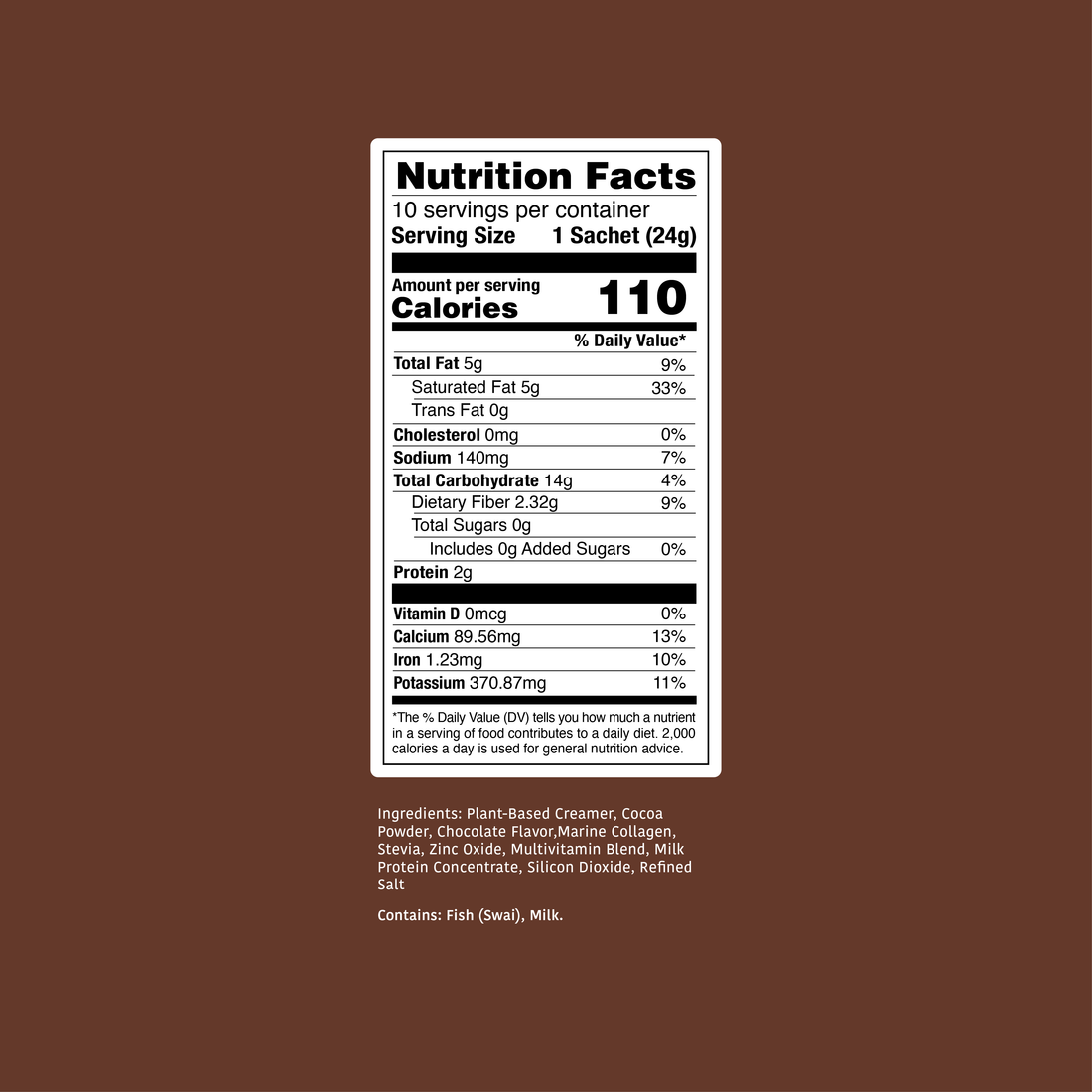 Clöud Café Choco Nutrition Facts, 10-count sachets, 110 calories, formulated with Marine Collagen and Zinc Oxide
