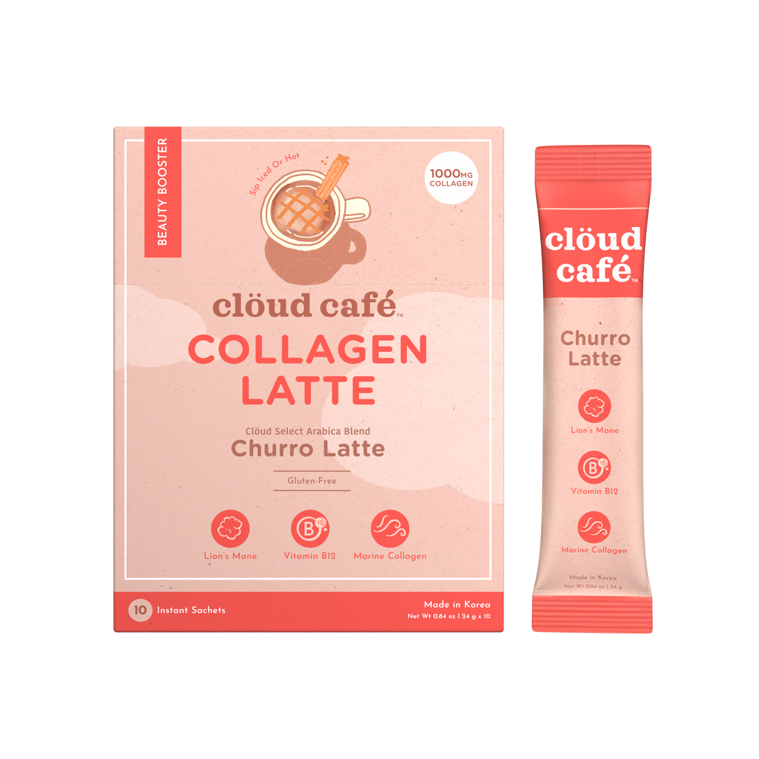 clöud café churro latte packaging + sachet behind a white background
