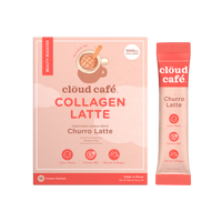 clöud café churro latte packaging + sachet behind a white background