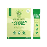 clöud café matcha latte packaging + sachet behind a white background