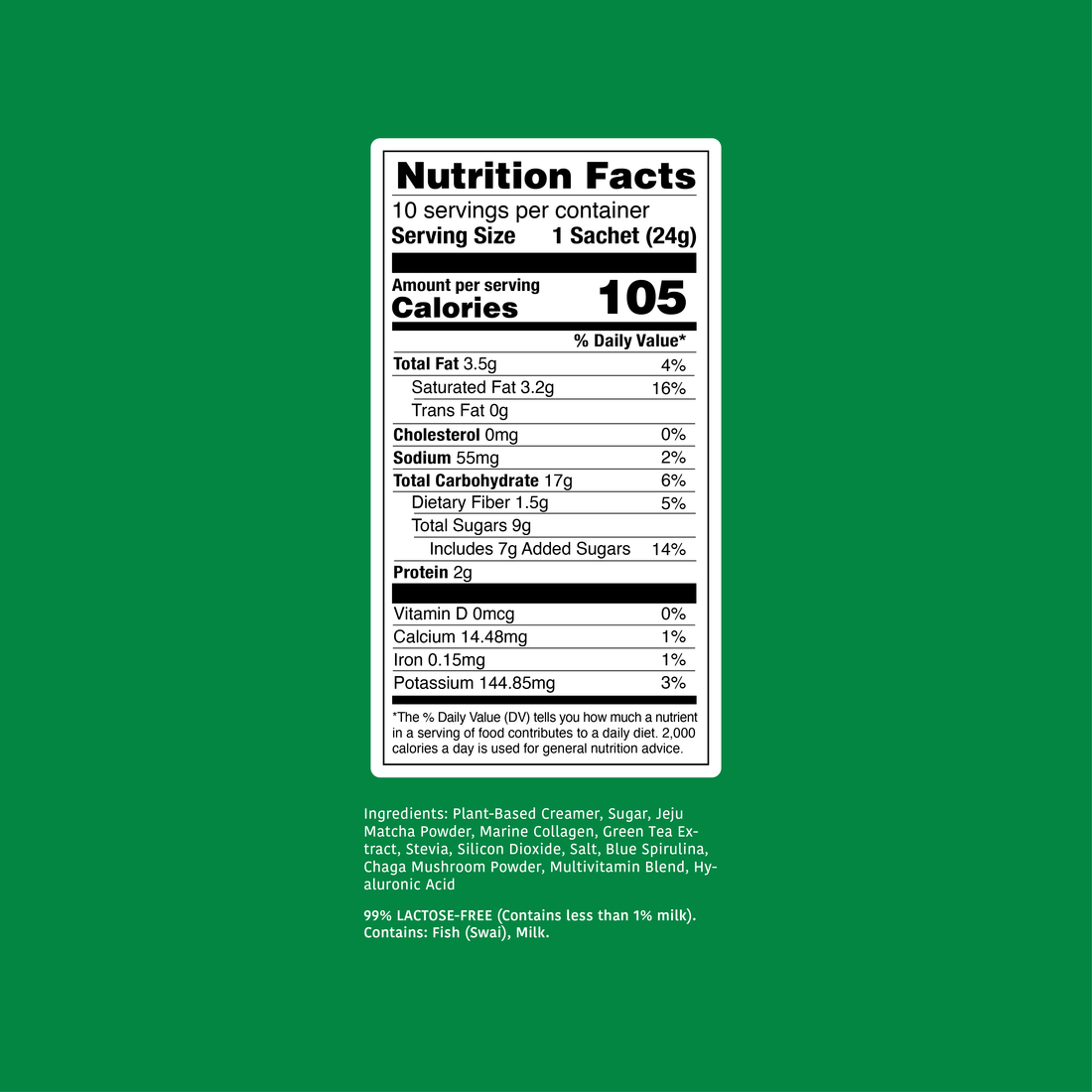 Clöud Café Jeju Matcha Nutrition Facts label, 105 calories per sachet, collagen-infused instant matcha with probiotics