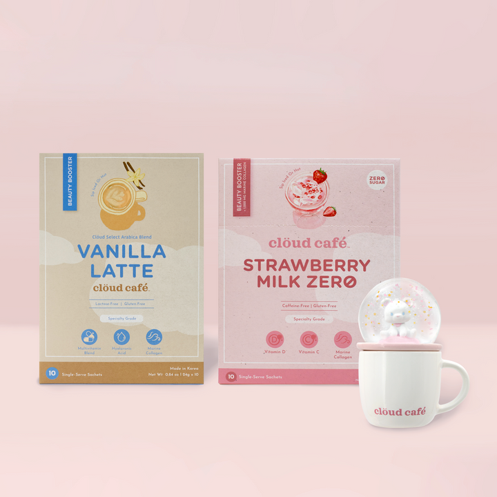 Collagen Vanilla Latte and Strawberry Milk Zero with free SnowGlow Demitasse Mug - Clöudie Bear gift set.