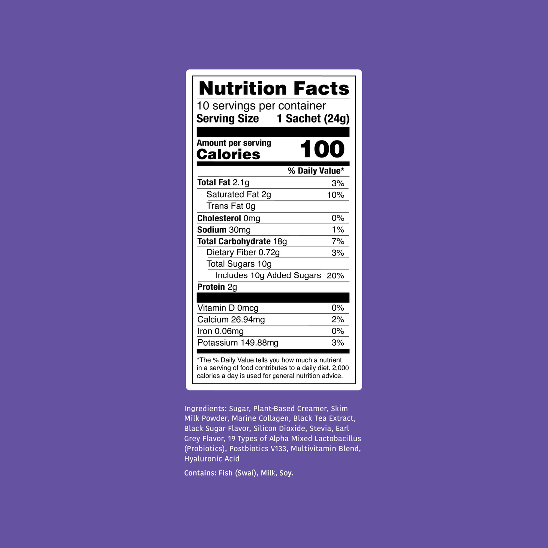 Clöud Café Royal Milk Tea Nutrition Facts label, 100 calories per sachet, collagen-infused instant milk tea with probiotics