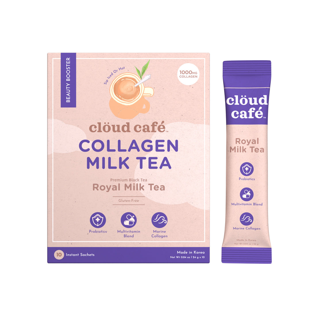 clöud café royal milk tea packaging + sachet behind a white background
