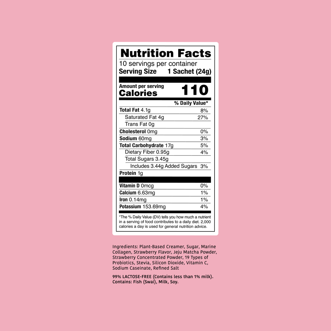 Clöud Café Strawberry Matcha Nutrition Facts, 10-count sachets, 110 calories, formulated with marine collagen and probiotics