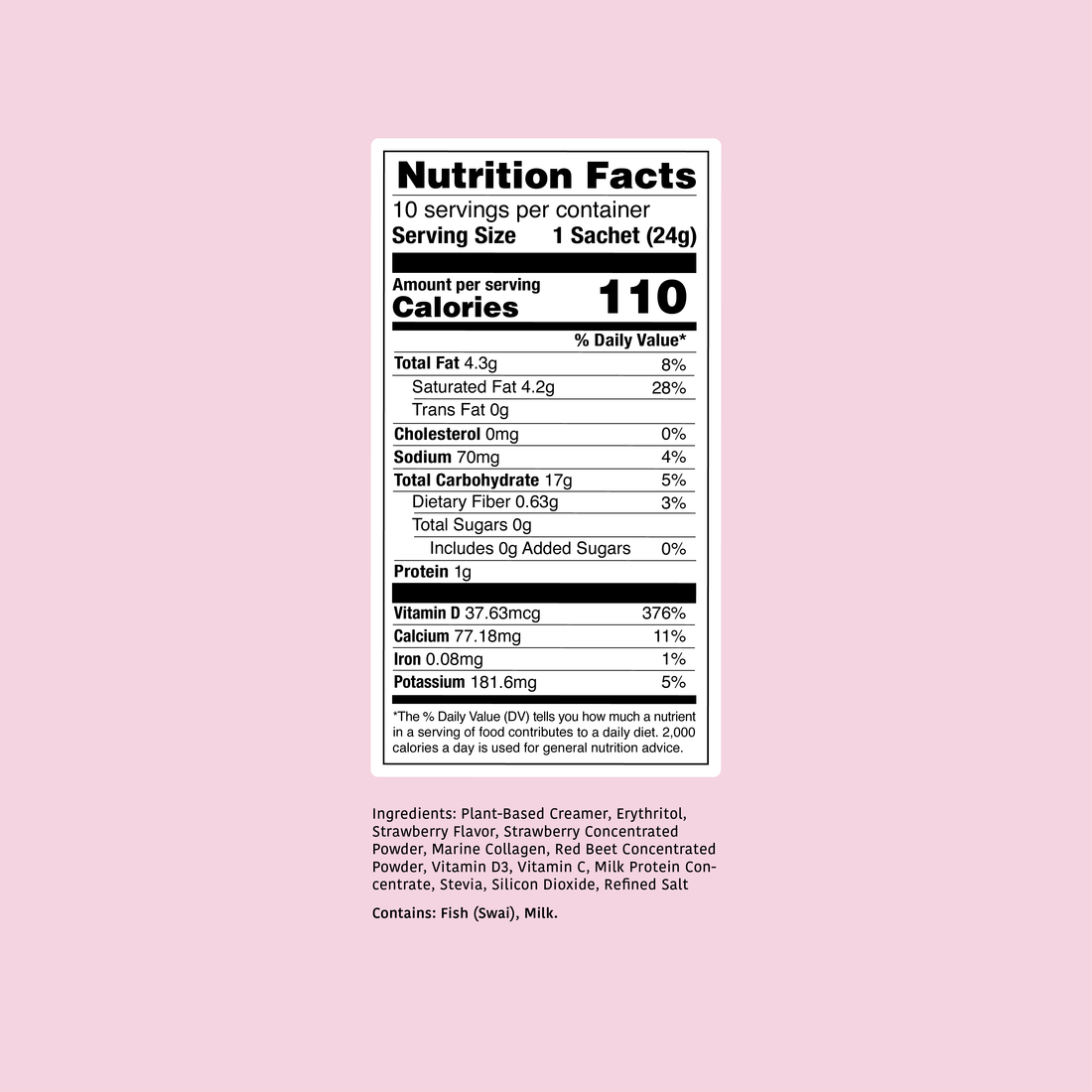 Clöud Café Strawberry Milk Nutrition Facts, 10-count sachets, 110 calories, formulated with Marine Collagen and Vitamin D3