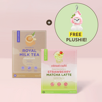 Cloud Cafe Strawberry Matcha Latte and Royal Milk Tea with a Free Otto Bunny Keychain.