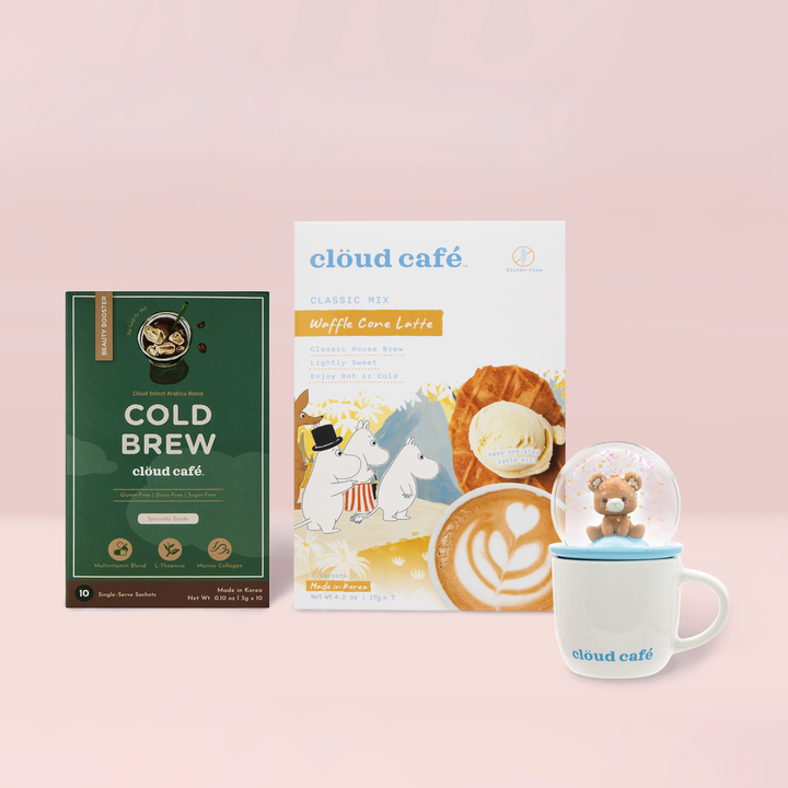 Collagen Cold Brew and Waffle Cone Latte with free SnowGlow Demitasse Mug - Cozy Bear gift set.