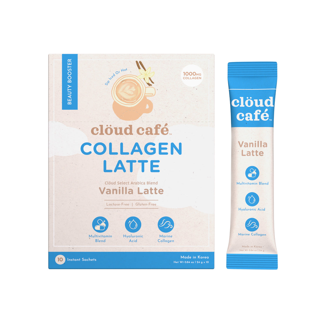 clöud café vanilla latte packaging + sachet behind a white background