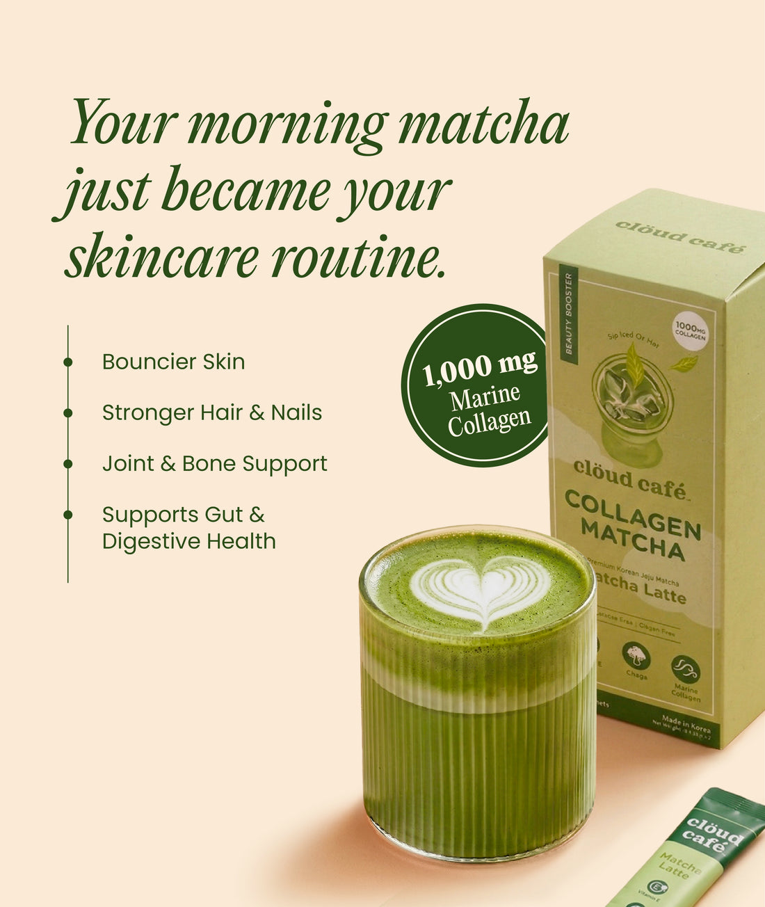 Collagen Matcha latte with a box of Clöud Café Collagen Matcha on a beige background