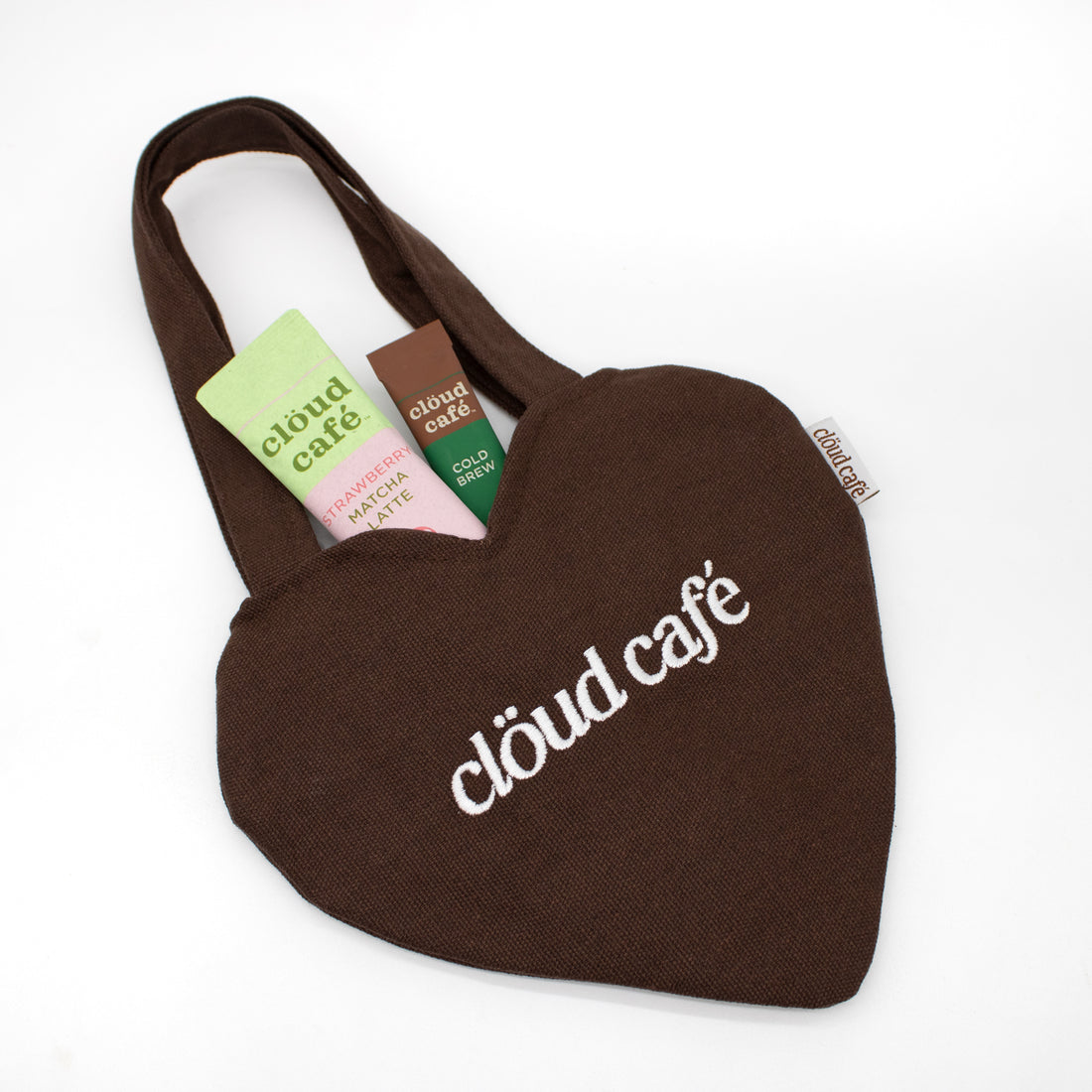 Chocolate-brown colored mini tote bag with white cloud cafe embroidered logo.