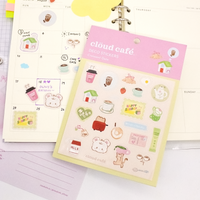 Set of doodle-inspired stickers in a pastel theme. Icons include: Matcha, coffee, croissant, strawberry, cups, and cute animals.