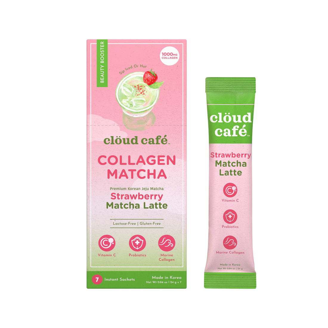 Clöud Café Strawberry Matcha Latte collagen-infused instant sachet box and stick pack, Korean Jeju matcha with Vitamin C and probiotics