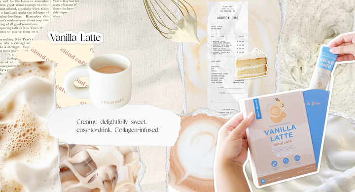 Vanilla Latte inspired moodboard, featuring creamy beige and white tones. Banner reads 