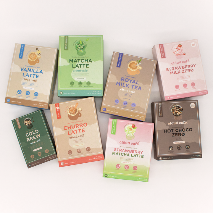 Assorted packaging of Cloud Cafe beverages on a white background.