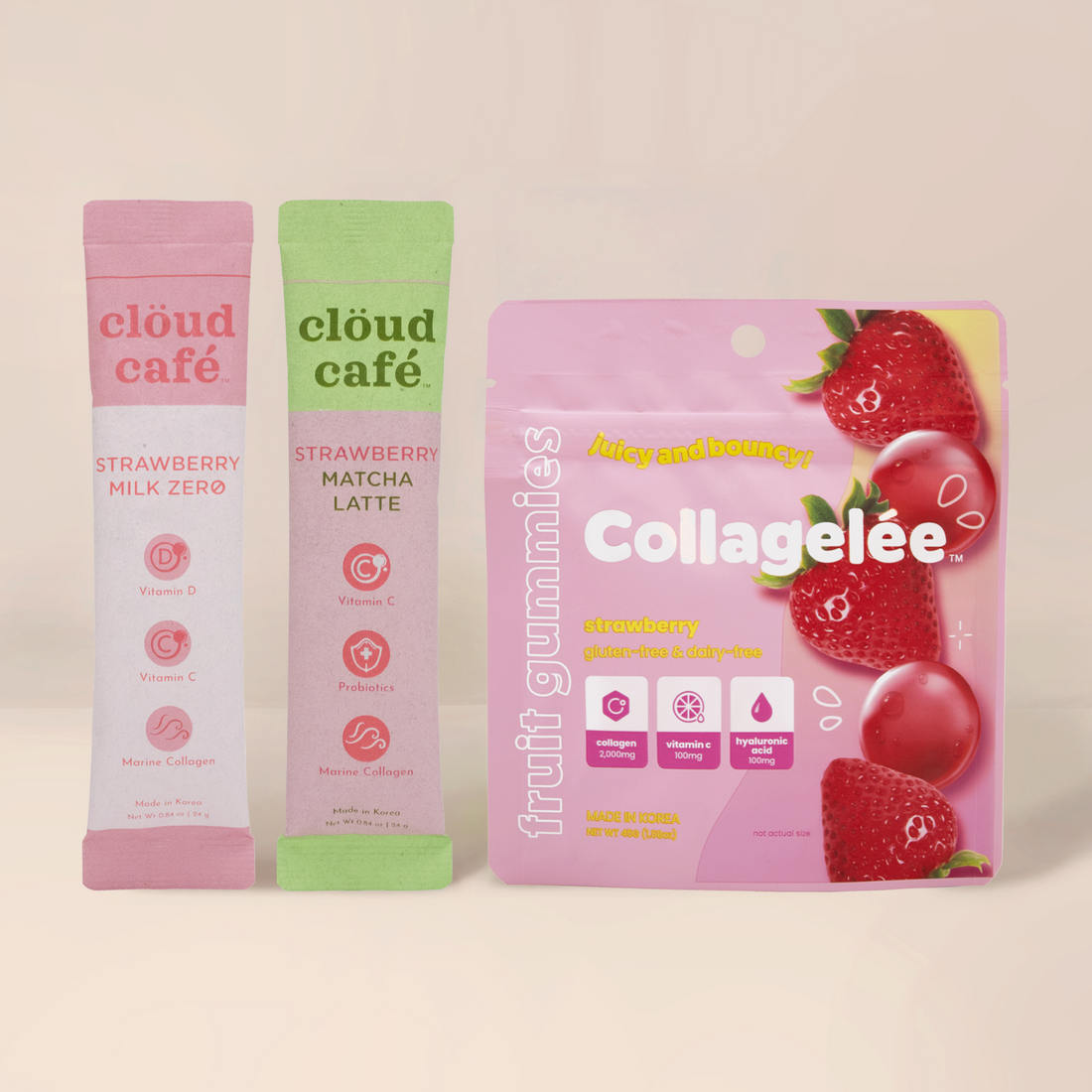 Image contains x1 Collagelée Strawberry Pouch, x1 Strawberry Matcha Latte Sachet, x1 Strawberry Milk Zero Sachet. 